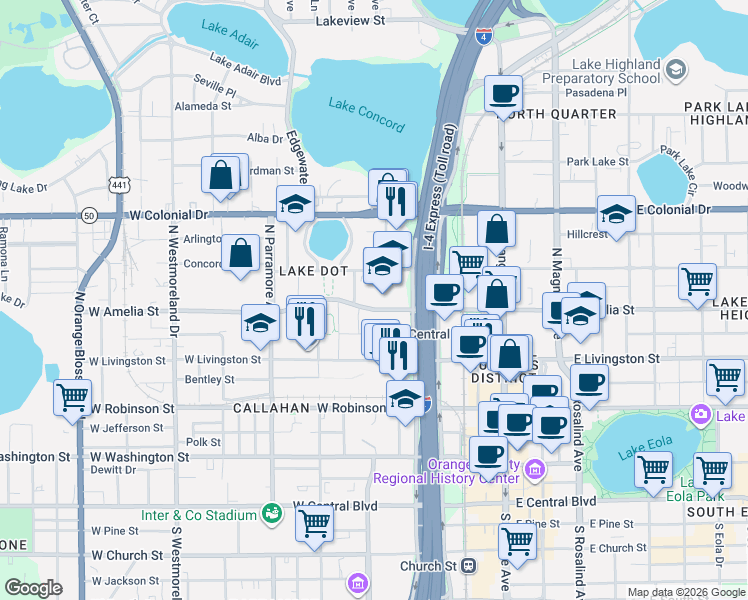 map of restaurants, bars, coffee shops, grocery stores, and more near 445 West Amelia Street in Orlando