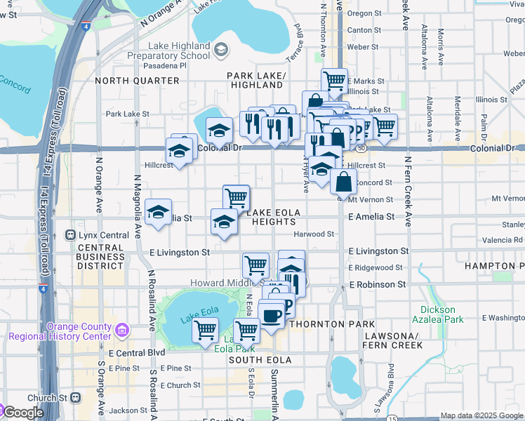 map of restaurants, bars, coffee shops, grocery stores, and more near in Orlando