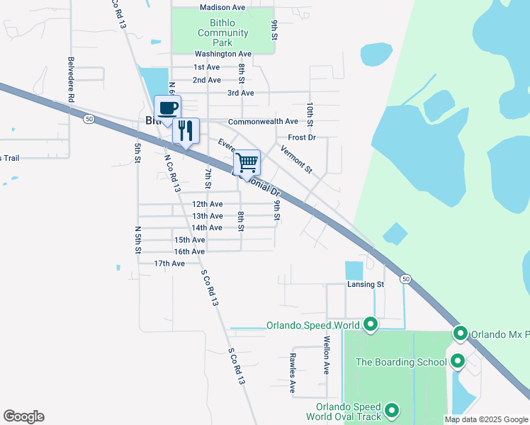 map of restaurants, bars, coffee shops, grocery stores, and more near 18686 13th Avenue in Orlando