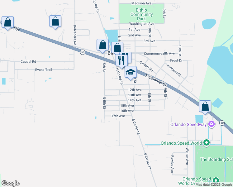 map of restaurants, bars, coffee shops, grocery stores, and more near 18318 13th Avenue in Orlando