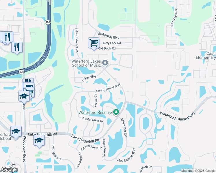 map of restaurants, bars, coffee shops, grocery stores, and more near 866 Spring Island Way in Orlando