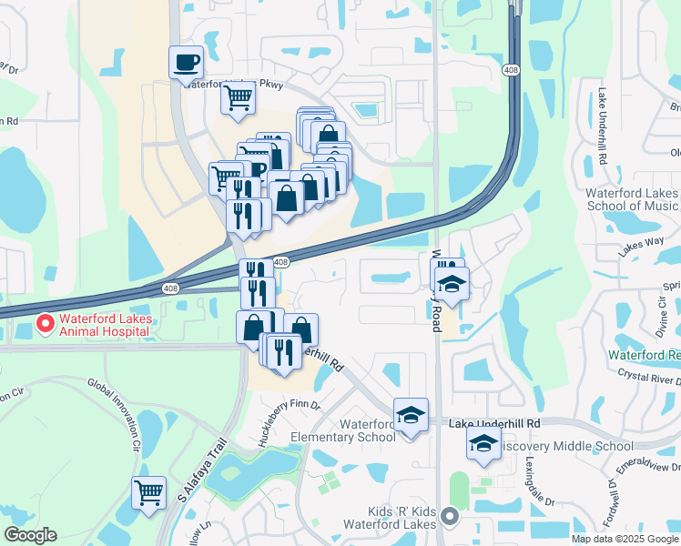 map of restaurants, bars, coffee shops, grocery stores, and more near 12524 Crest Springs Lane in Orlando