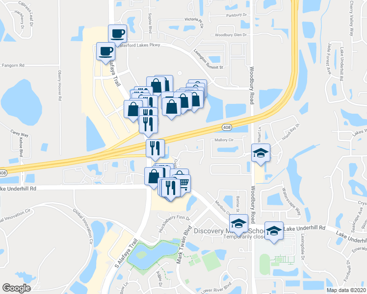 map of restaurants, bars, coffee shops, grocery stores, and more near 742 Crest Pines Drive in Orlando
