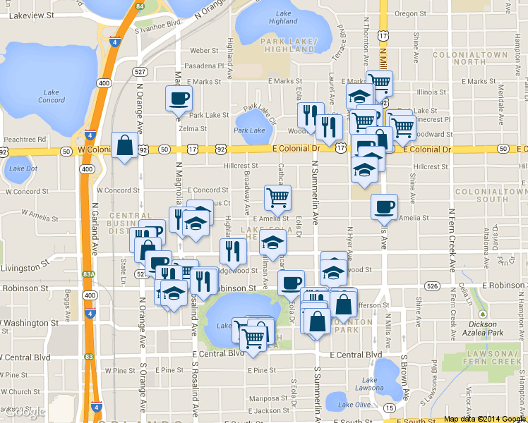 map of restaurants, bars, coffee shops, grocery stores, and more near 445 East Amelia Street in Orlando
