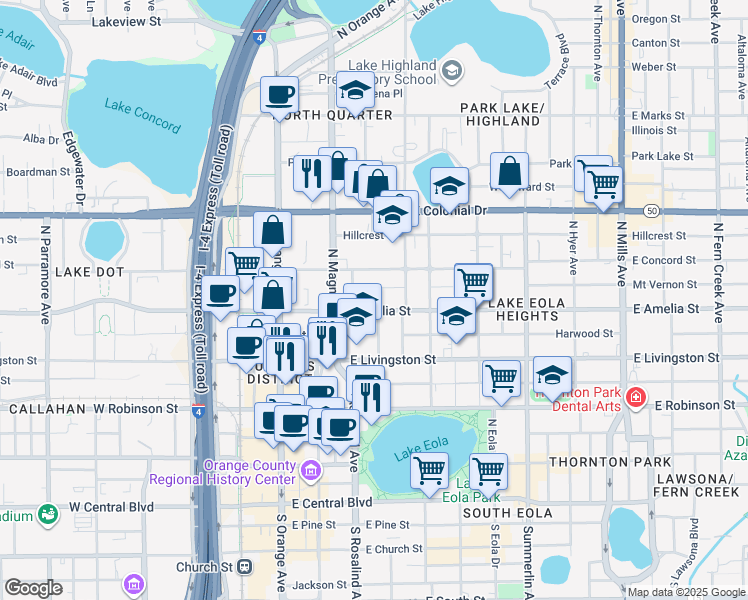 map of restaurants, bars, coffee shops, grocery stores, and more near 203 East Amelia Street in Orlando