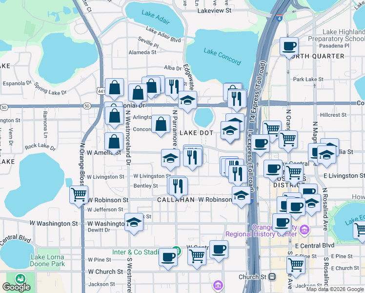 map of restaurants, bars, coffee shops, grocery stores, and more near 659 West Amelia Street in Orlando
