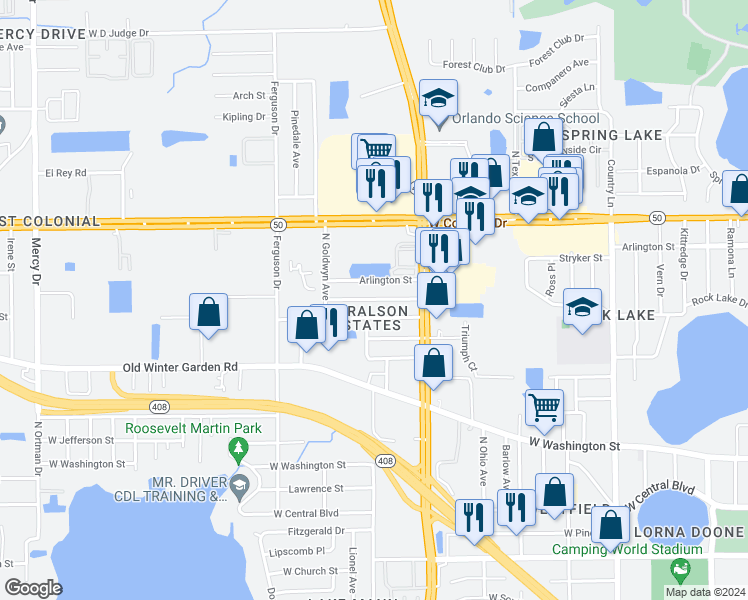 map of restaurants, bars, coffee shops, grocery stores, and more near 2832 Concord Street in Orlando