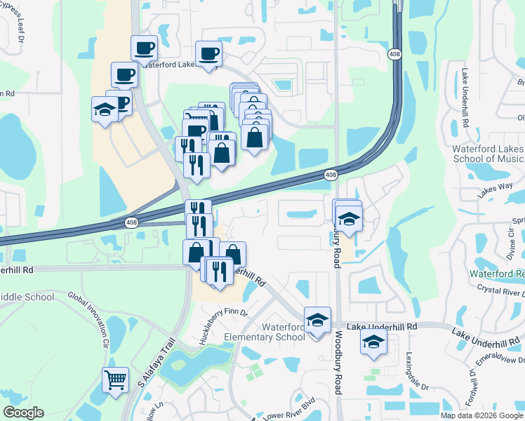 map of restaurants, bars, coffee shops, grocery stores, and more near 12512 Crest Springs Lane in Orlando