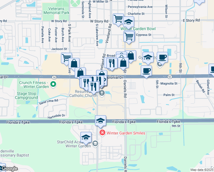map of restaurants, bars, coffee shops, grocery stores, and more near 13656 West Colonial Drive in Winter Garden