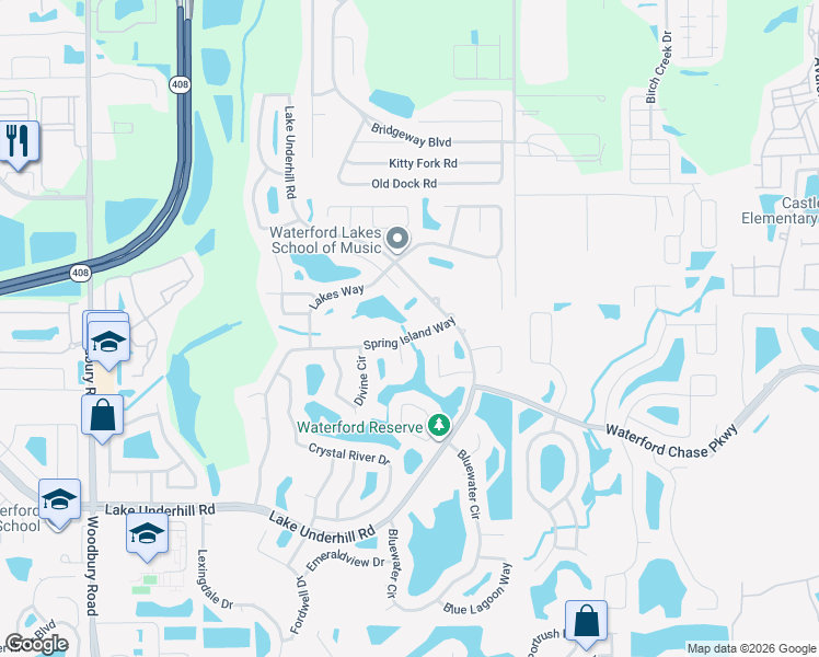 map of restaurants, bars, coffee shops, grocery stores, and more near 866 Spring Island Way in Orlando