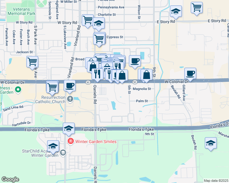map of restaurants, bars, coffee shops, grocery stores, and more near 7 Windtree Lane in Winter Garden