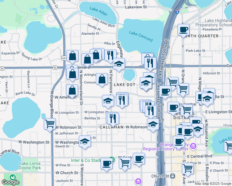 map of restaurants, bars, coffee shops, grocery stores, and more near 659 West Amelia Street in Orlando