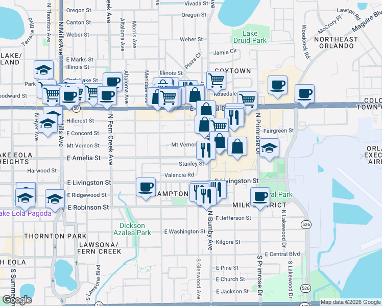 map of restaurants, bars, coffee shops, grocery stores, and more near 2125 Stanley Street in Orlando