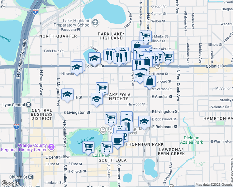 map of restaurants, bars, coffee shops, grocery stores, and more near in Orlando