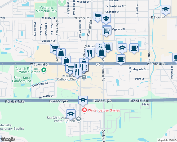 map of restaurants, bars, coffee shops, grocery stores, and more near 13656 West Colonial Drive in Winter Garden