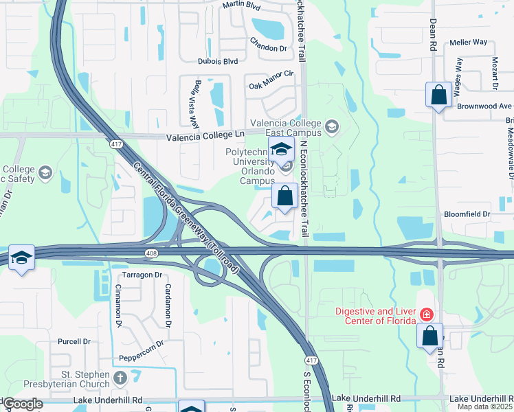 map of restaurants, bars, coffee shops, grocery stores, and more near 9205 Shepton Street in Orlando