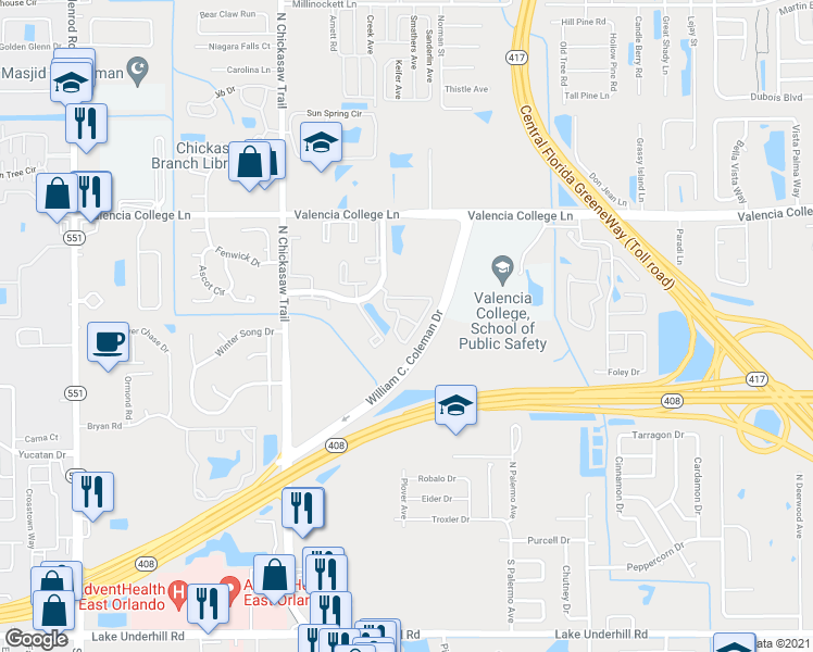 map of restaurants, bars, coffee shops, grocery stores, and more near 8137 Claire Ann Drive in Orlando
