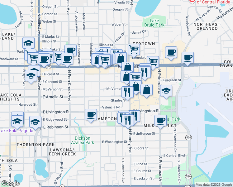 map of restaurants, bars, coffee shops, grocery stores, and more near 2125 Stanley Street in Orlando