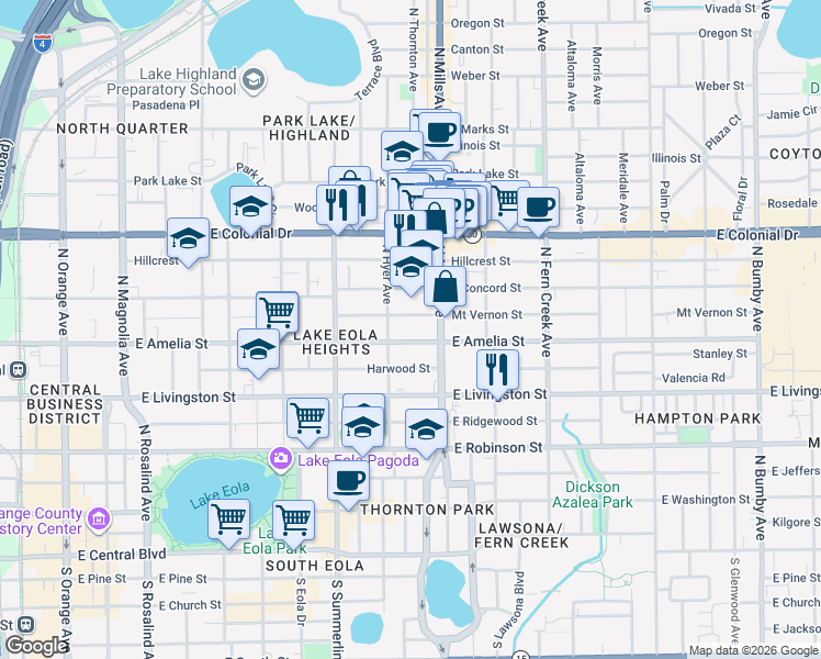 map of restaurants, bars, coffee shops, grocery stores, and more near 1011 East Amelia Street in Orlando