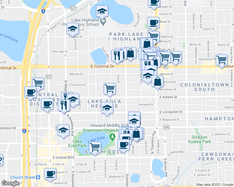map of restaurants, bars, coffee shops, grocery stores, and more near 601 East Amelia Street in Orlando