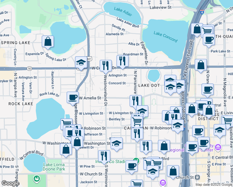 map of restaurants, bars, coffee shops, grocery stores, and more near 741-909 W Amelia St in Orlando