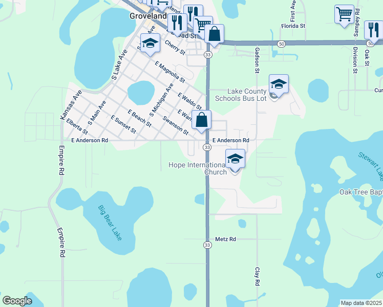 map of restaurants, bars, coffee shops, grocery stores, and more near 829 Village Circle in Groveland