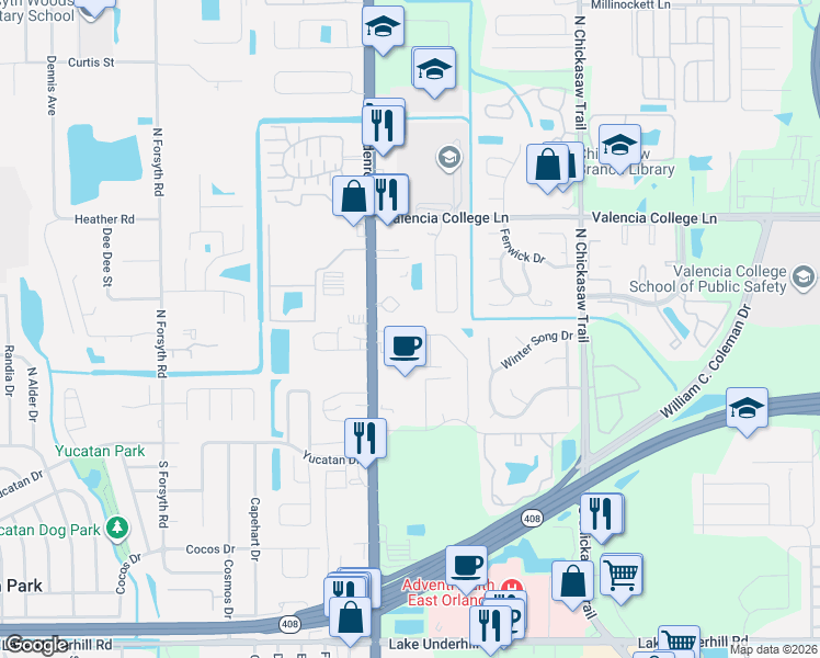 map of restaurants, bars, coffee shops, grocery stores, and more near 307 North Goldenrod Road in Orlando
