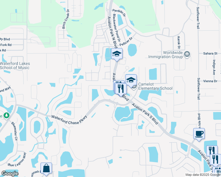 map of restaurants, bars, coffee shops, grocery stores, and more near 1309 Seneca Falls Drive in Orlando