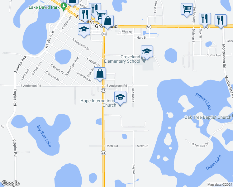 map of restaurants, bars, coffee shops, grocery stores, and more near 1010 Park Central Circle in Groveland