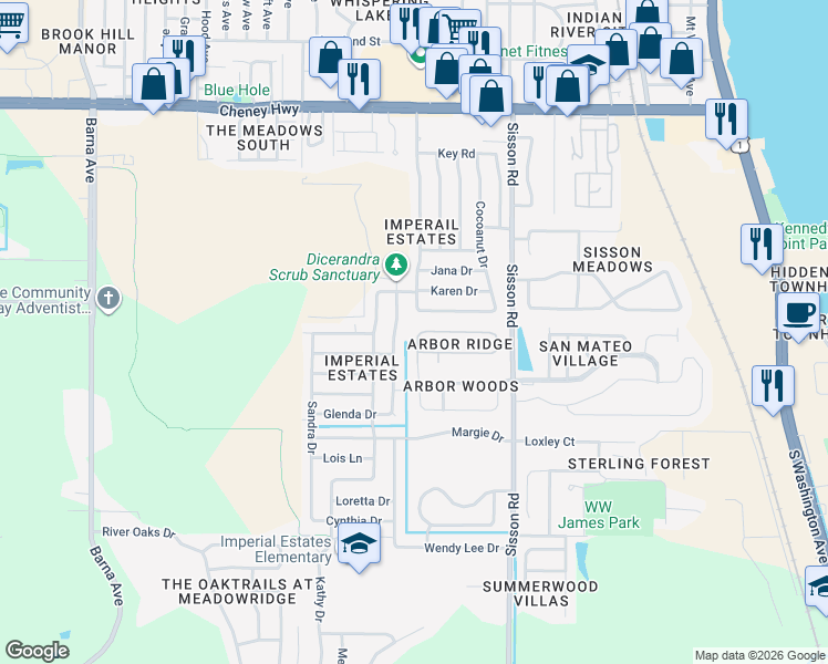 map of restaurants, bars, coffee shops, grocery stores, and more near 516 Arbor Ridge Lane in Titusville