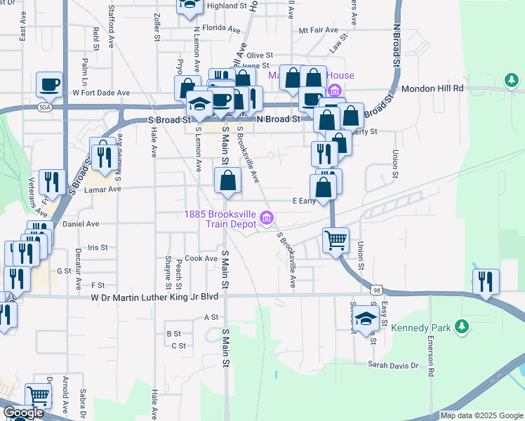 map of restaurants, bars, coffee shops, grocery stores, and more near 516 South Brooksville Avenue in Brooksville