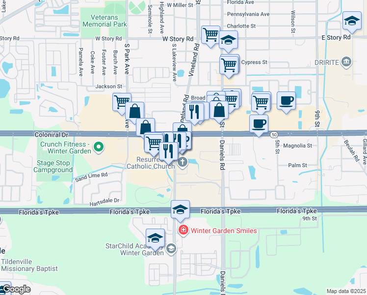 map of restaurants, bars, coffee shops, grocery stores, and more near 13656 West Colonial Drive in Winter Garden