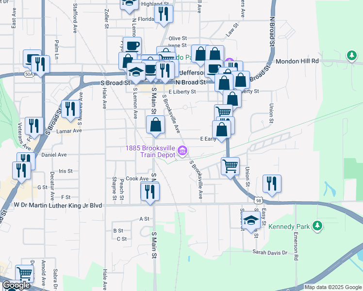 map of restaurants, bars, coffee shops, grocery stores, and more near 516 South Brooksville Avenue in Brooksville