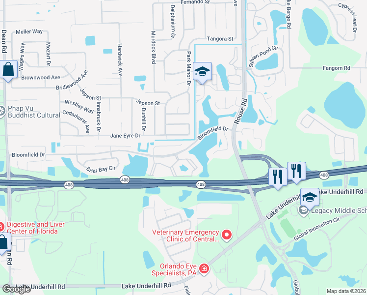 map of restaurants, bars, coffee shops, grocery stores, and more near 10664 Huntridge Road in Orlando