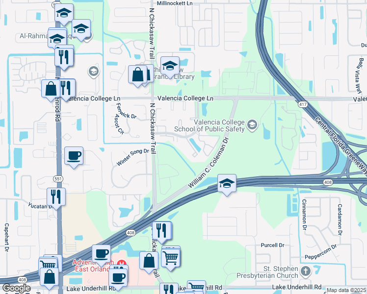 map of restaurants, bars, coffee shops, grocery stores, and more near 500 Bamboo Harbor Court in Orlando