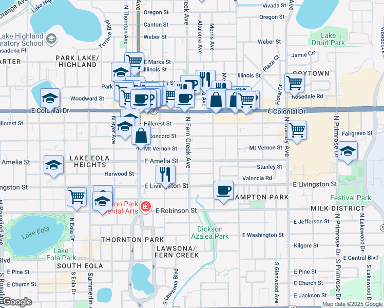 map of restaurants, bars, coffee shops, grocery stores, and more near in Orlando