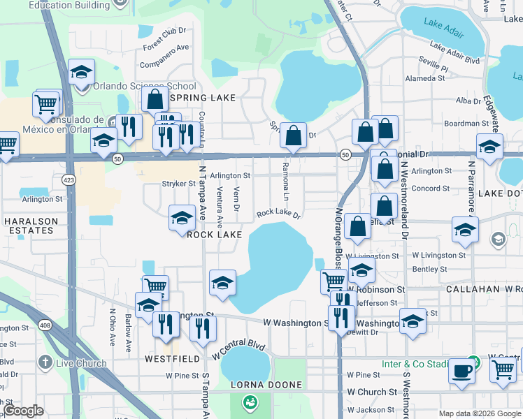 map of restaurants, bars, coffee shops, grocery stores, and more near 1610 Rock Lake Drive in Orlando