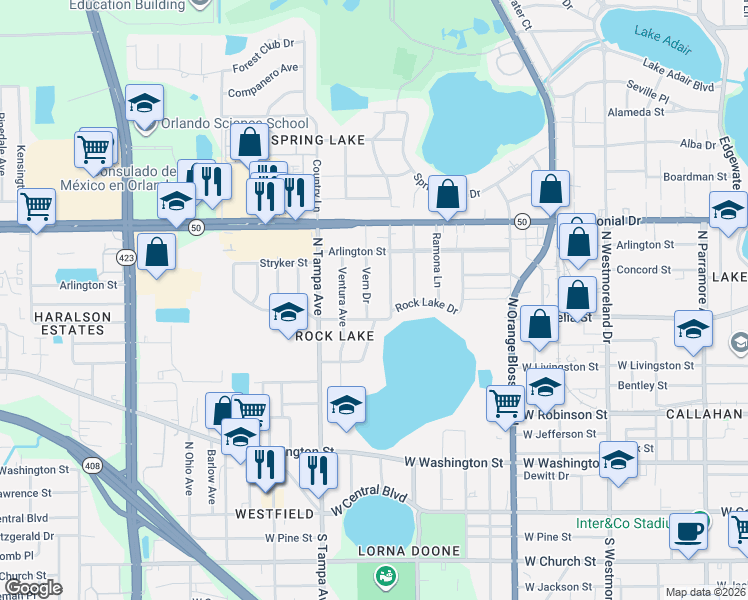 map of restaurants, bars, coffee shops, grocery stores, and more near 505 Vern Drive in Orlando