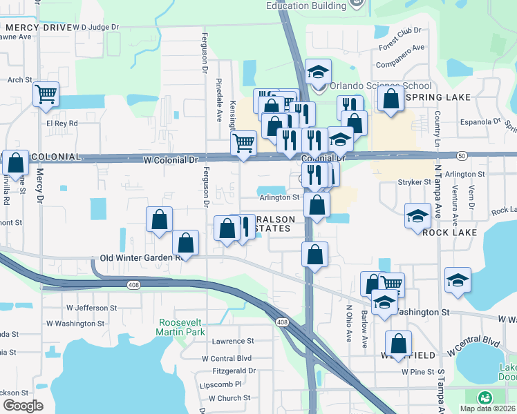 map of restaurants, bars, coffee shops, grocery stores, and more near 3002 Concord Street in Orlando
