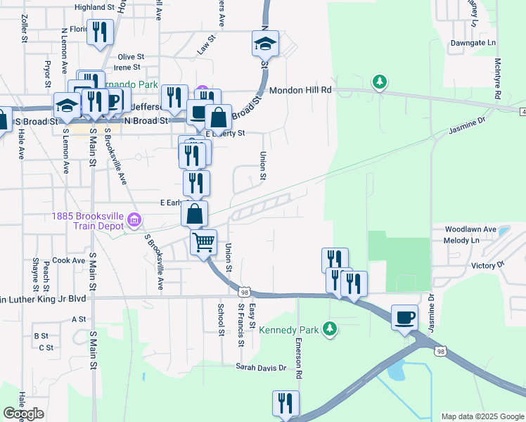 map of restaurants, bars, coffee shops, grocery stores, and more near Tanglewood Drive in Brooksville