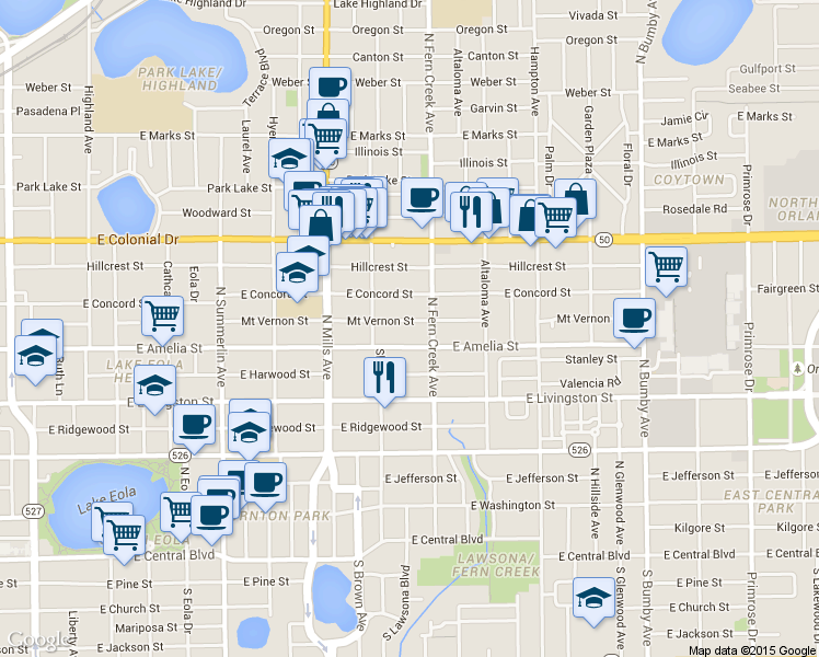 map of restaurants, bars, coffee shops, grocery stores, and more near 1427 East Amelia Street in Orlando