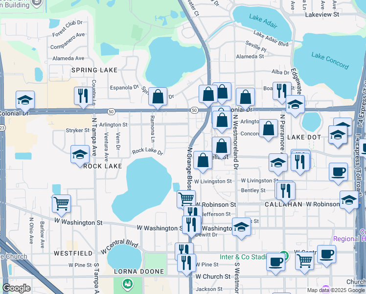 map of restaurants, bars, coffee shops, grocery stores, and more near in Orlando