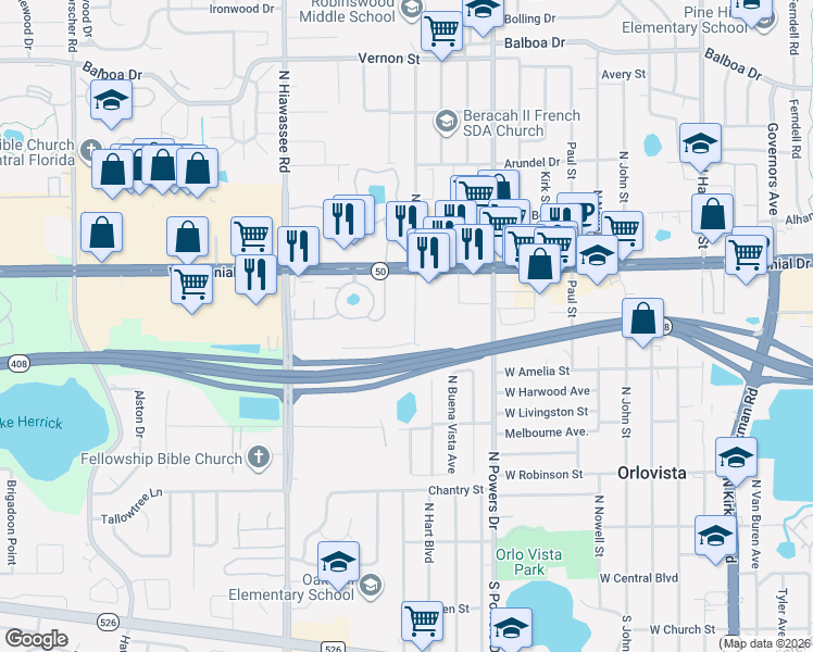 map of restaurants, bars, coffee shops, grocery stores, and more near 500 North Hart Boulevard in Orlando