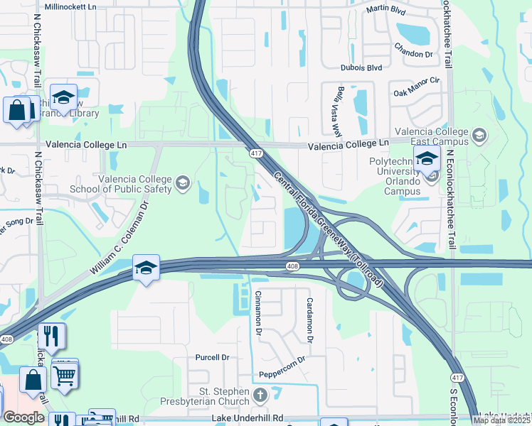 map of restaurants, bars, coffee shops, grocery stores, and more near 8624 Claiborne Court in Orlando