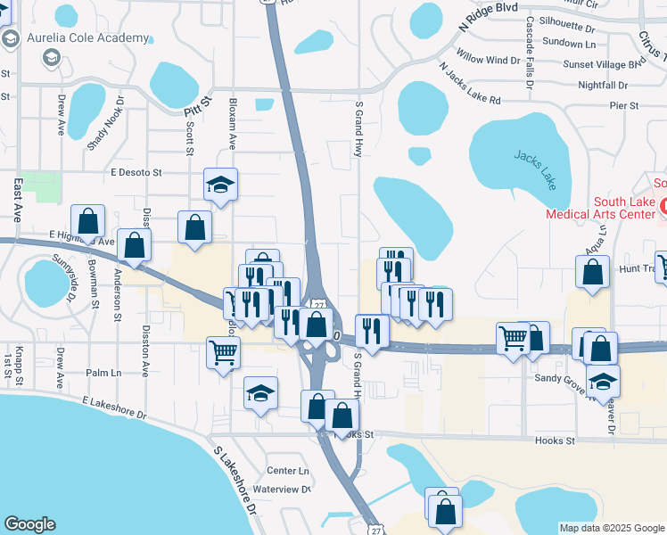 map of restaurants, bars, coffee shops, grocery stores, and more near 1172 Lakeview Drive in Clermont