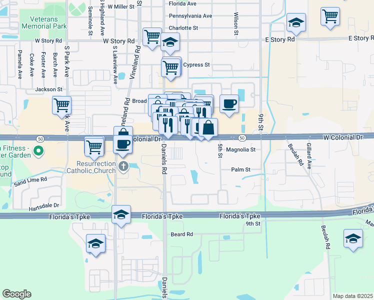 map of restaurants, bars, coffee shops, grocery stores, and more near 57 Windtree Lane in Winter Garden
