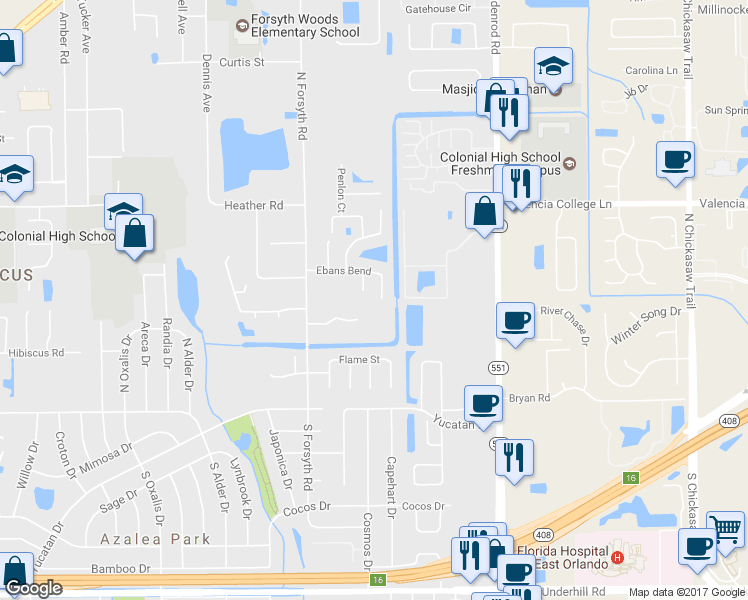 map of restaurants, bars, coffee shops, grocery stores, and more near 6860 Ebans Bend in Orlando