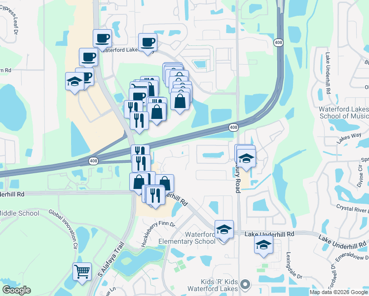 map of restaurants, bars, coffee shops, grocery stores, and more near 12500 Crest Springs Lane in Orlando