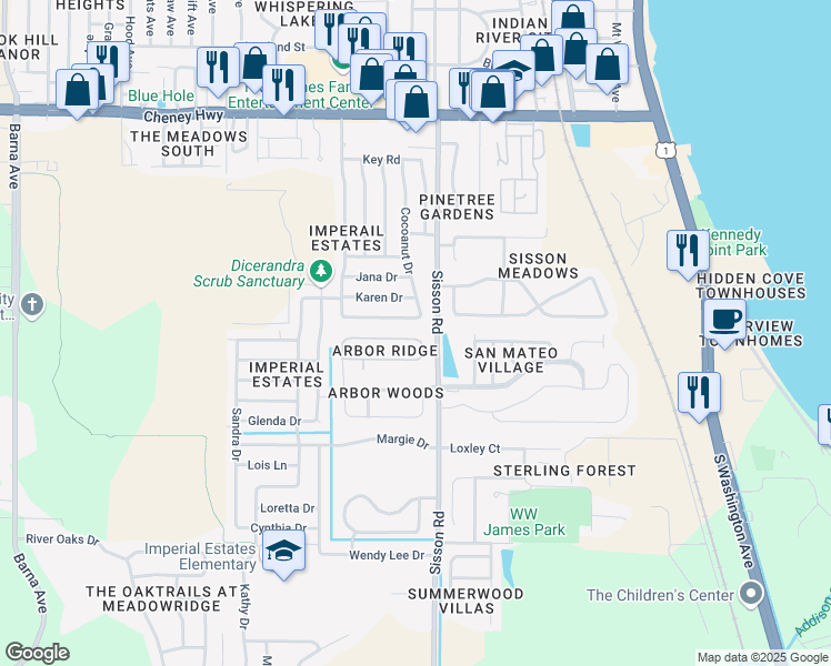 map of restaurants, bars, coffee shops, grocery stores, and more near 462 L M Davey Lane in Titusville