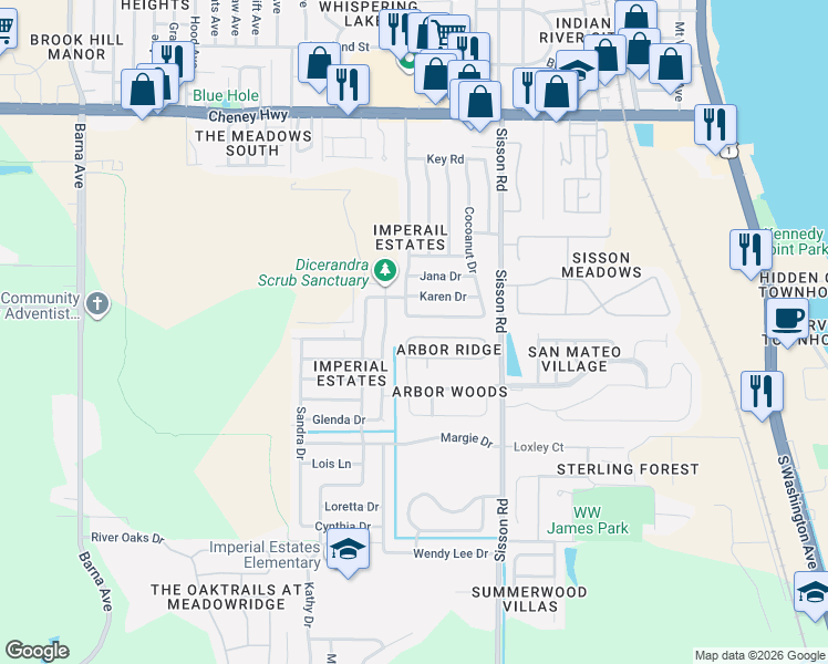 map of restaurants, bars, coffee shops, grocery stores, and more near 516 Arbor Ridge Lane in Titusville